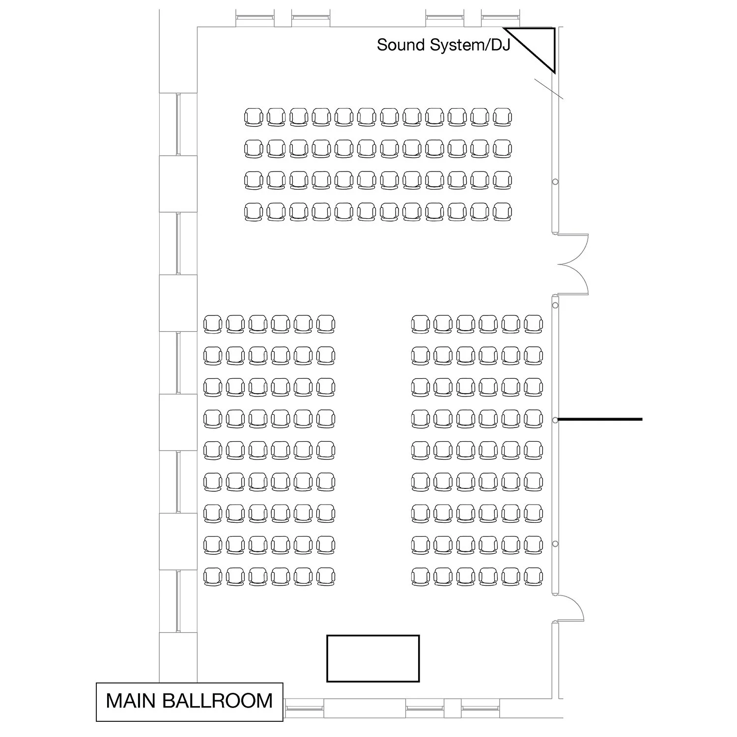 Floor plan of a main ballroom with rows of chairs, a sound system/DJ area in the upper right corner, and labeled main entrance at the bottom.