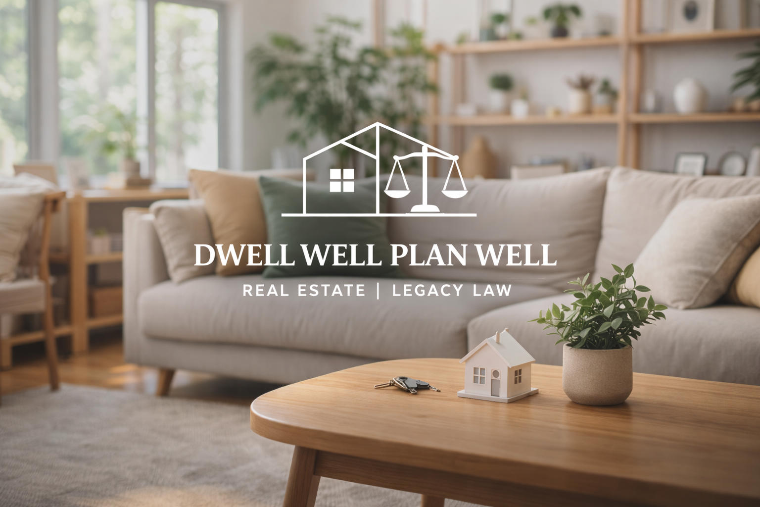 Living room with beige sofa, wooden coffee table, house and plant decor, and natural light; overlay text about real estate and law services.