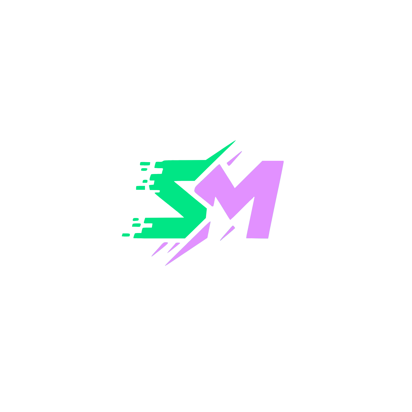 Graphic design with stylized letters 'SM' in green and purple, with a glitch effect on a black background.