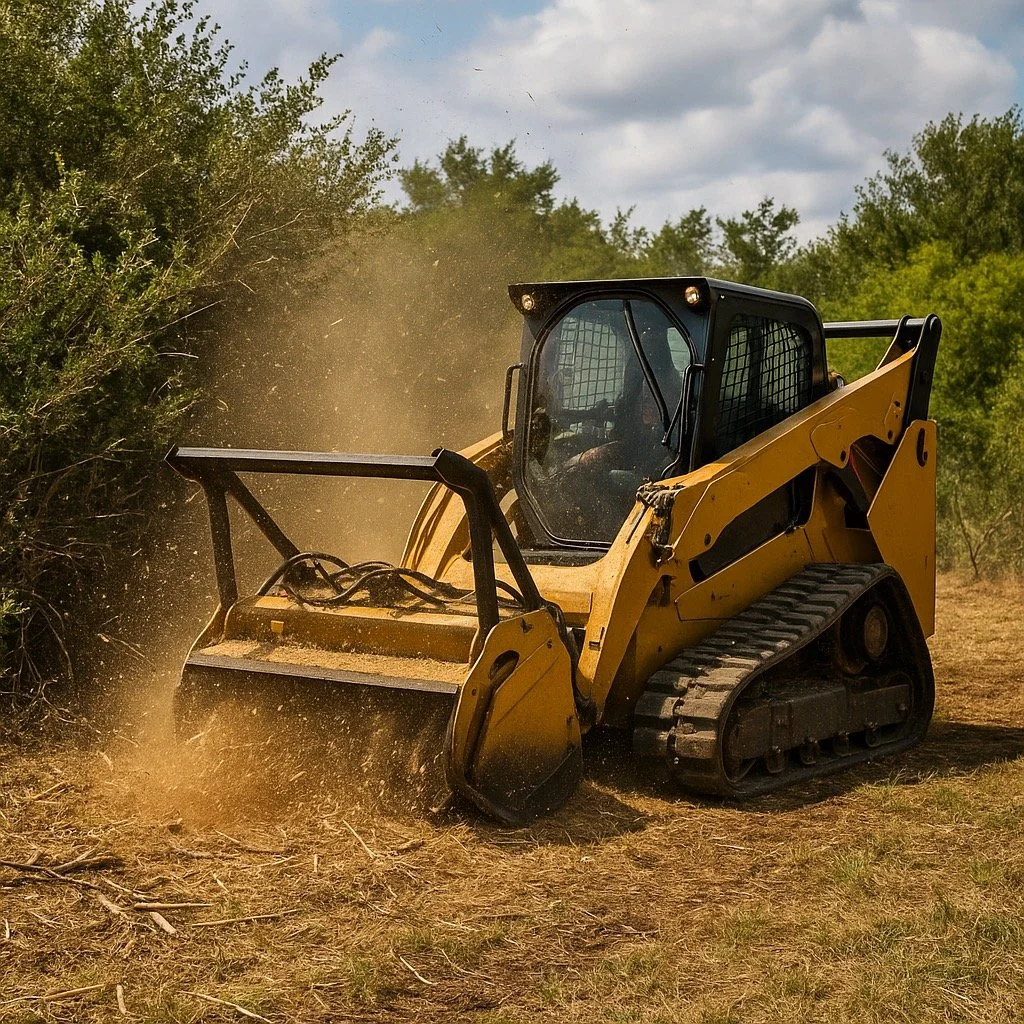 A yellow skid-steer loader clearing brush in an outdoor setting with trees and cloudy sky.