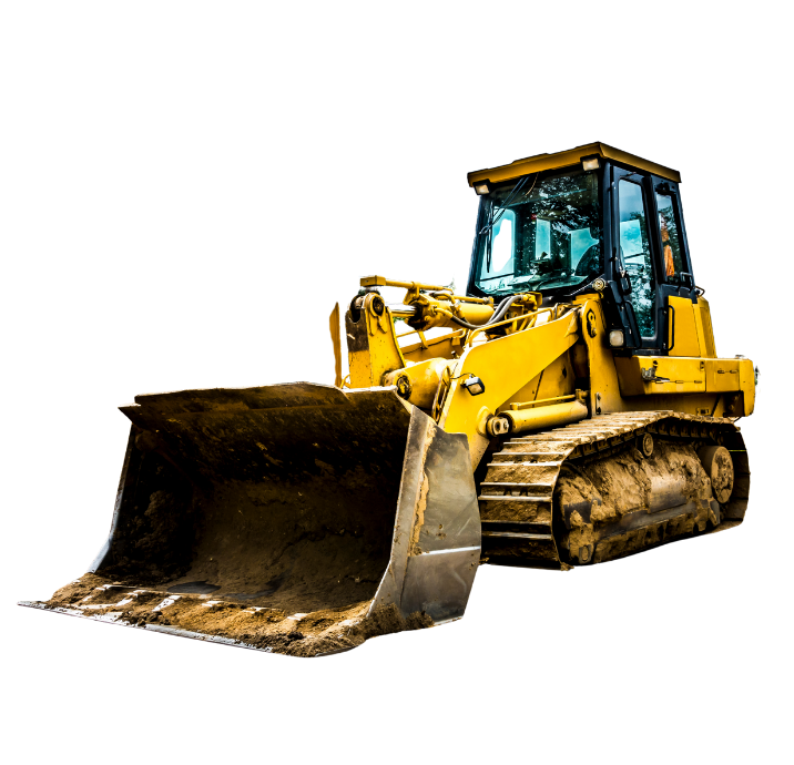 Yellow bulldozer with a large front blade and tracked wheels isolated on black background.