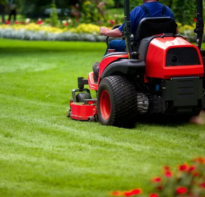 A person riding a red riding mower on a well-maintained grassy lawn in a garden.