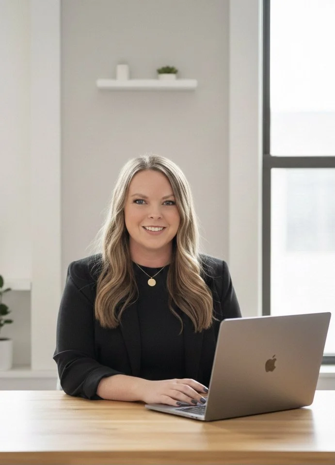 Michelle Knierim at a desk with a computer, owner of MK Media, a digital marketing and content studio.