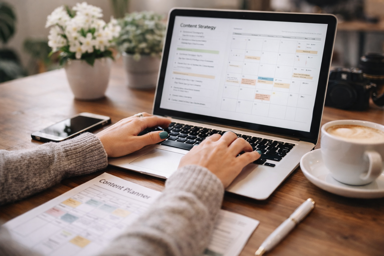 Workspace with laptop and notebook representing content planning, blog writing, and digital marketing strategy.
