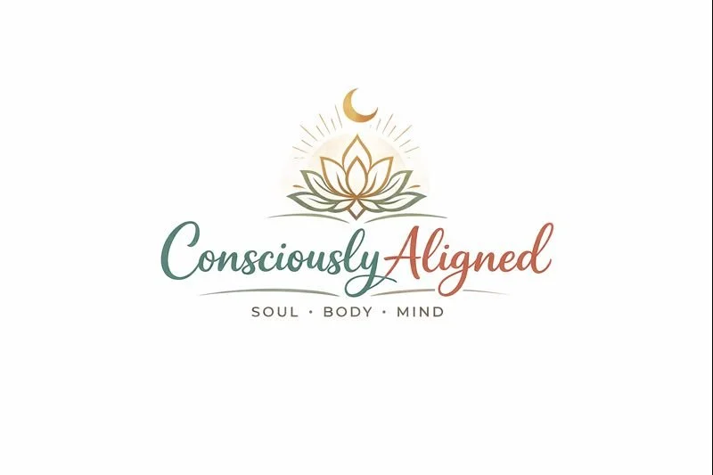 Logo for Consciously Aligned with a lotus flower, crescent moon, and rays of light, emphasizing soul, body, and mind integration.