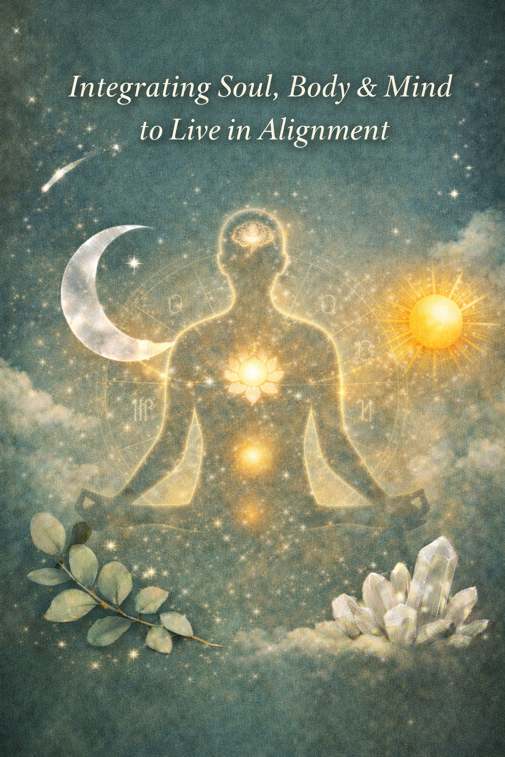 A spiritual illustration of a person meditating in a lotus position with glowing chakras, surrounded by celestial symbols including the moon, sun, stars, and cosmic patterns. The text reads "Integrating Soul, Body & Mind to Live in Alignment."