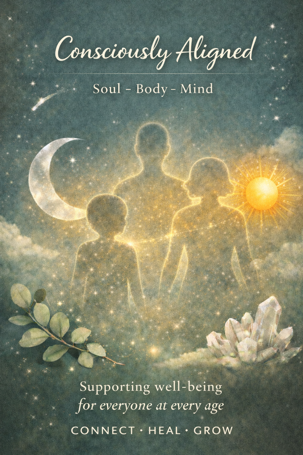 The image features a spiritual or holistic theme with outlines of a family—two adults and two children—against a starry sky with celestial symbols like the moon and sun. The lower part shows a sprig of leaves and a cluster of crystals. Text reads: "Consciously Aligned," "Soul - Body - Mind," and "Supporting well-being for everyone at every age," along with the words "Connect, Heal, Grow."