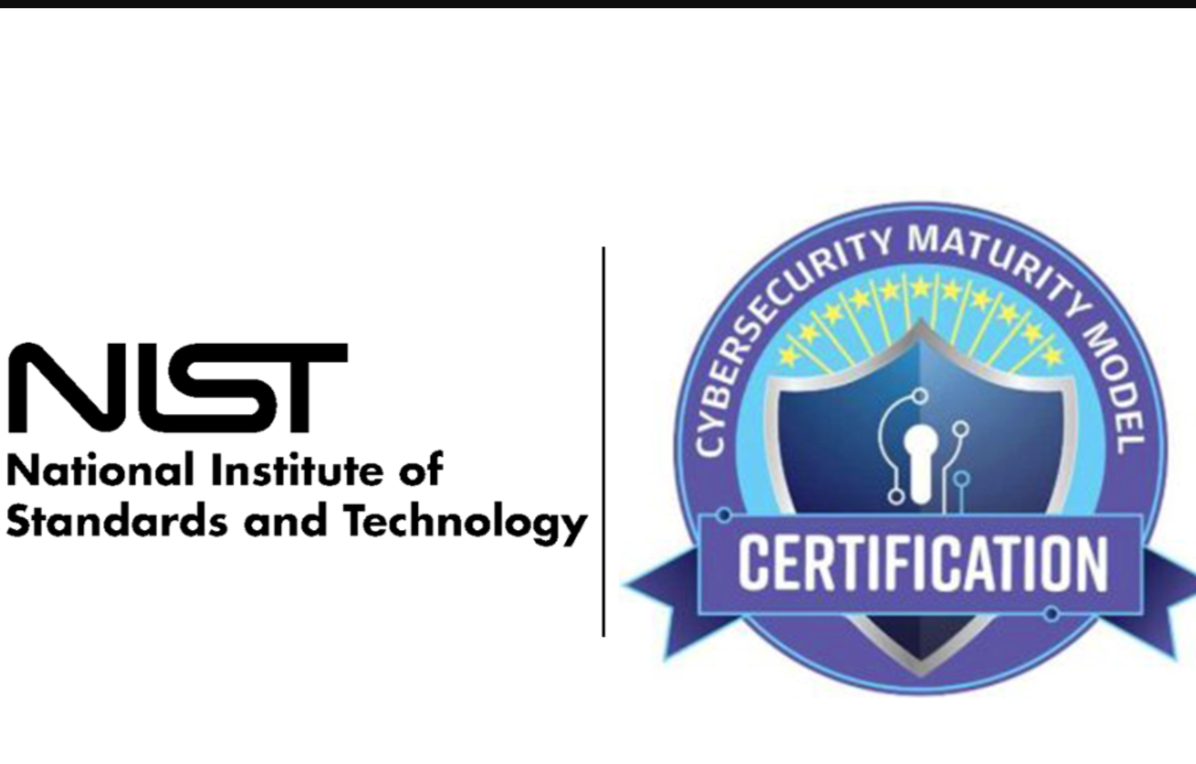 The image shows the logos of the National Institute of Standards and Technology (NIST) on the left and the Cybersecurity Maturity Model Certification (CMMC) badge on the right, indicating certification in cybersecurity standards.