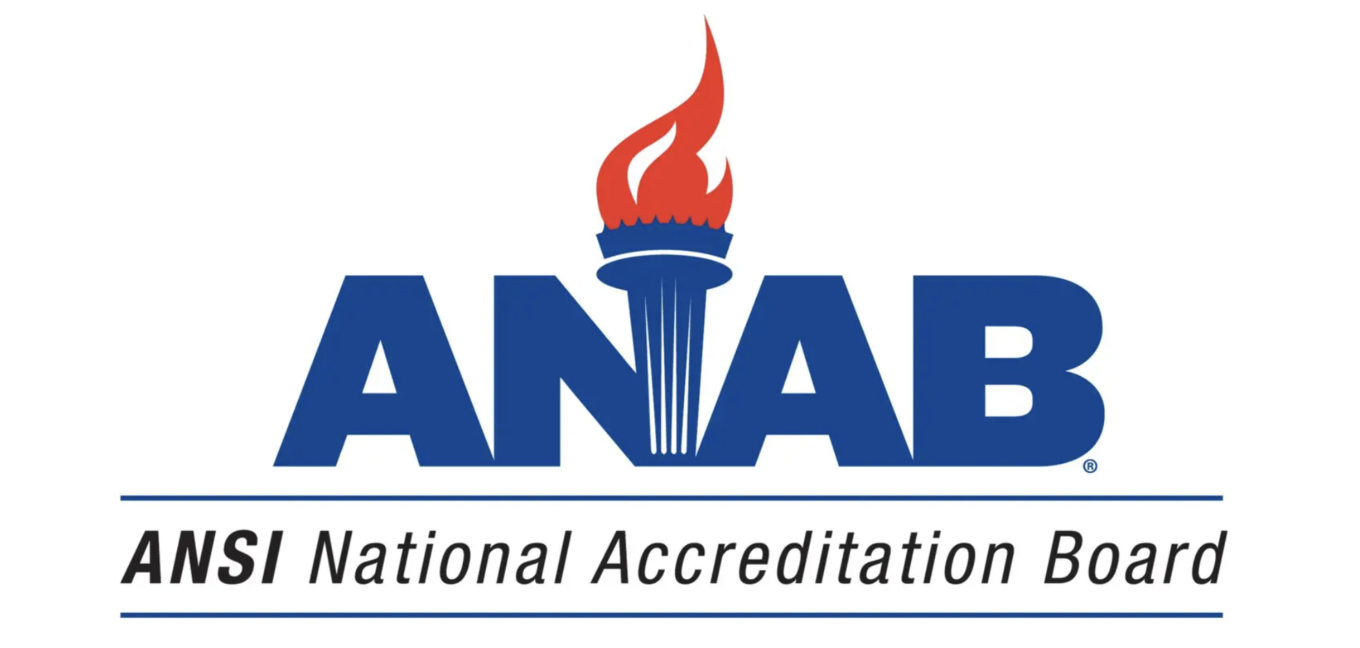 Logo of the ANSI National Accreditation Board (ANAB) featuring a flame coming from a torch above the acronym ANAB and the full name underneath.