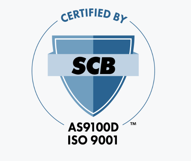 Certification badge with a shield, the text "Certified by SCB," and standards AS9100D and ISO 9001.