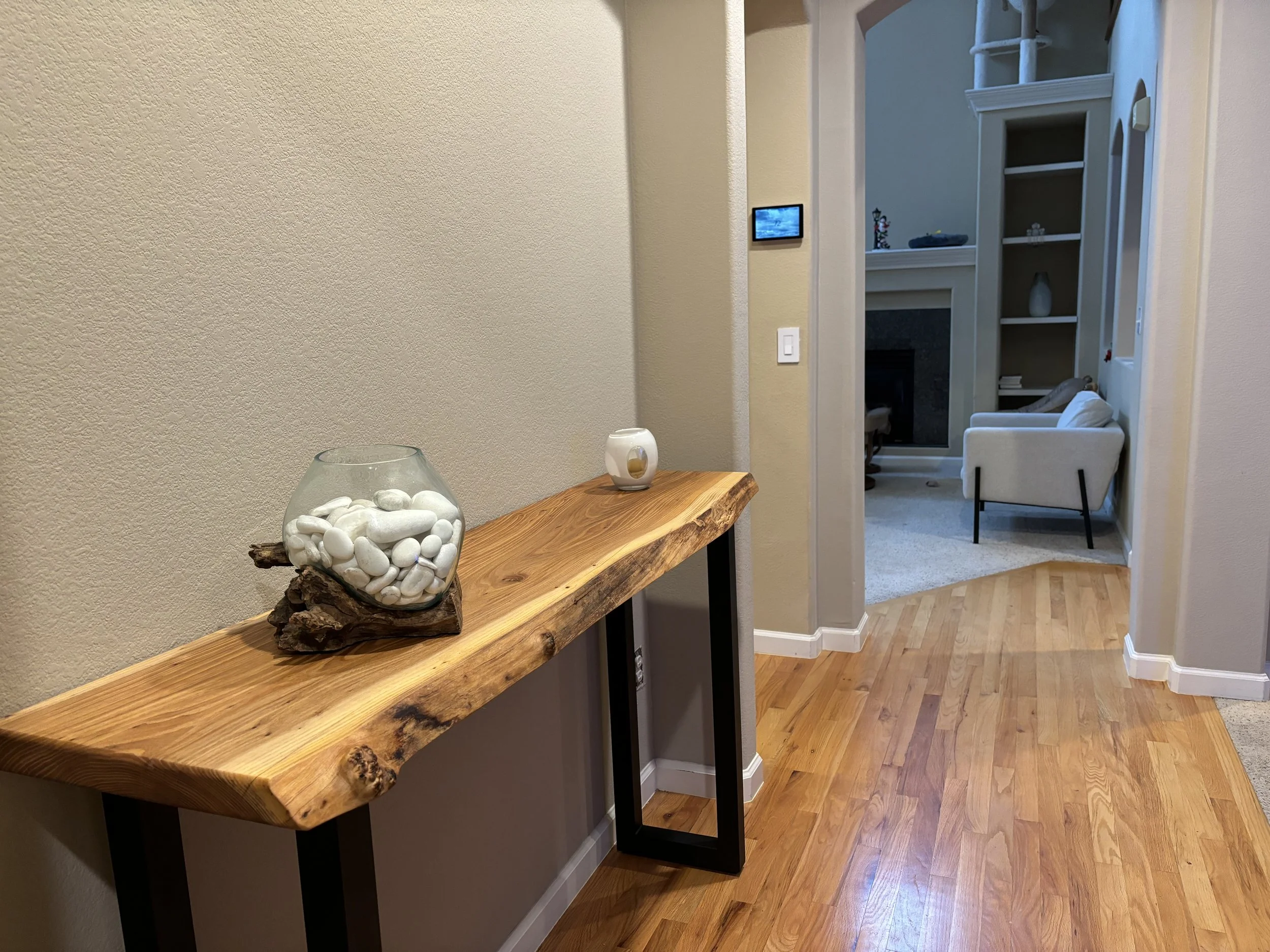 Siberian Elm live ege slab console table with heavy gauge black steel legs