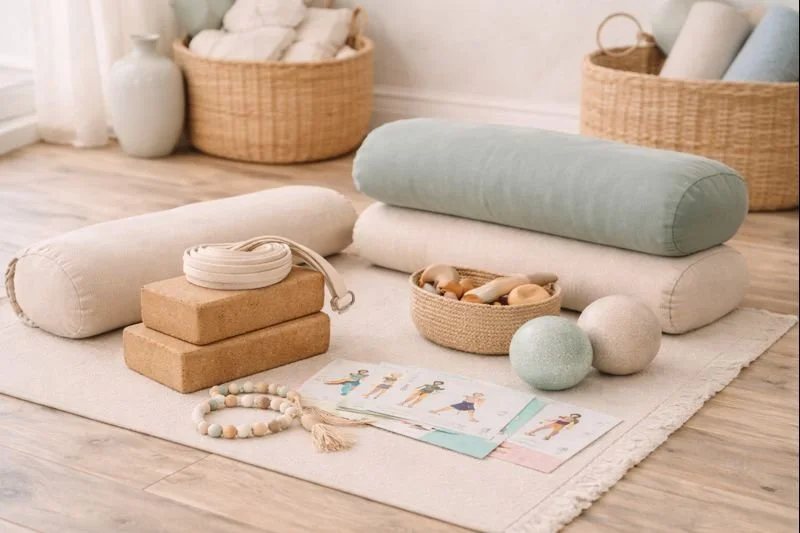 Yoga props and accessories arranged on a white rug, including bolsters, blocks, a strap, and a basket of stones or massage balls, with woven baskets and vases in the background.