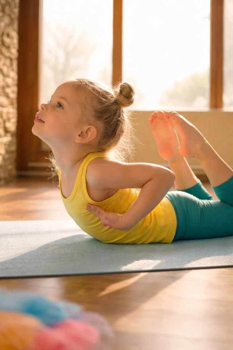 A young girl doing a yoga pose on a mat indoors, wearing a yellow top and teal leggings, with sunlight coming through large windows in the background.