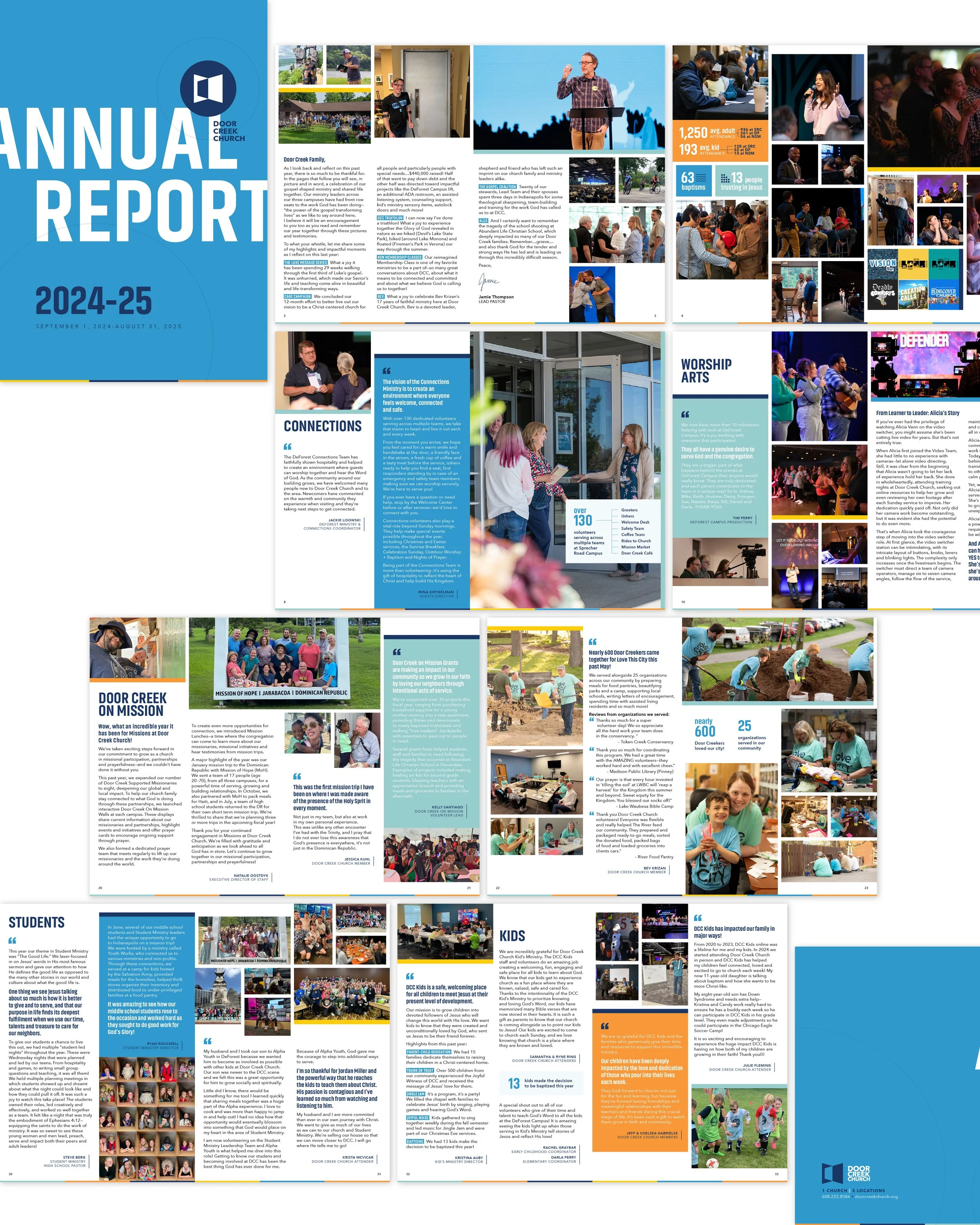 An image showing various pages of the 2024-2025 Annual Report for Door Creek Church in Madison, WI.