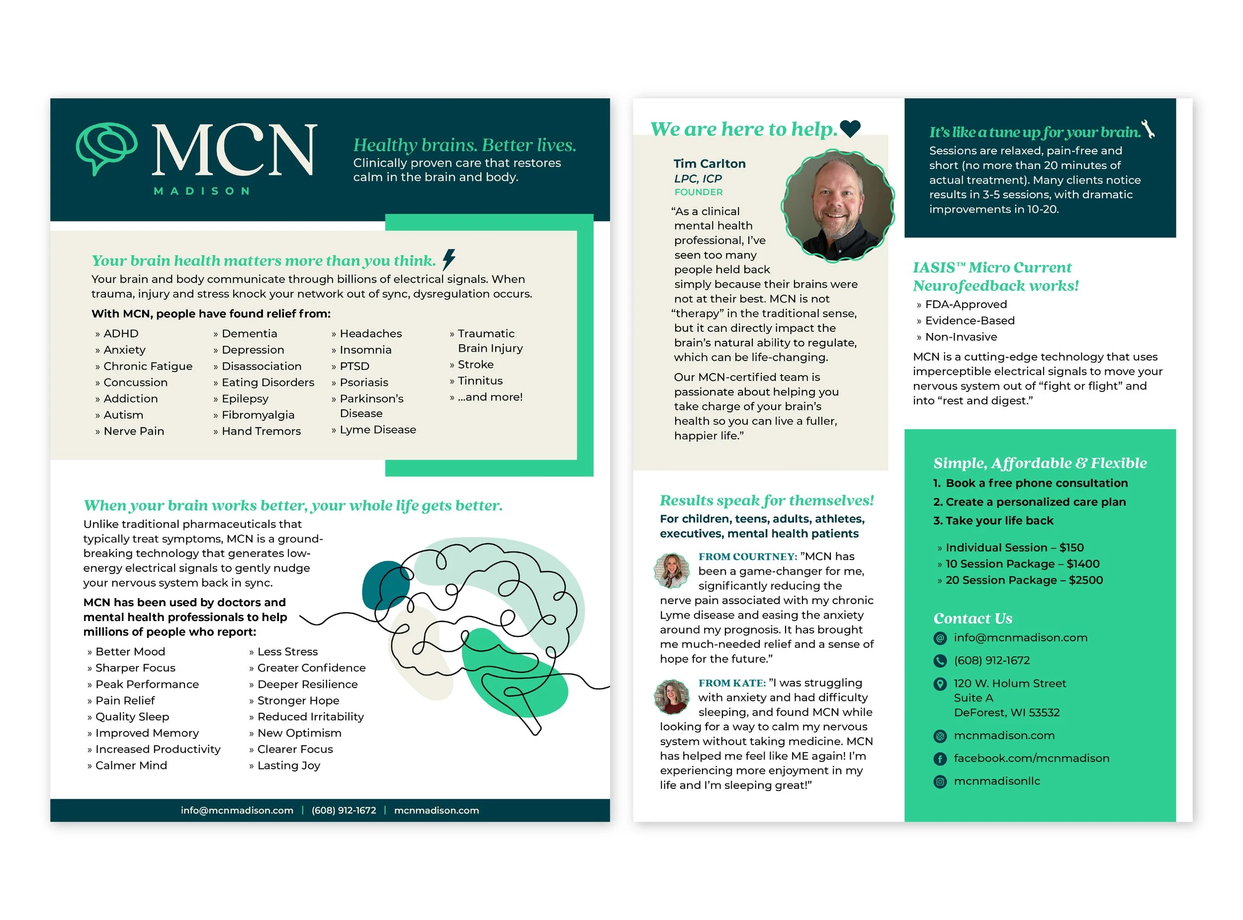 Brochure for MCN Madison, a mental health and brain wellness clinic. The brochure highlights services including neurofeedback, visible with images of a smiling man, brain diagram, and consultation plans. It contains testimonial quotes, contact info, and lists conditions treated, emphasizing holistic brain health and alternative therapy benefits.