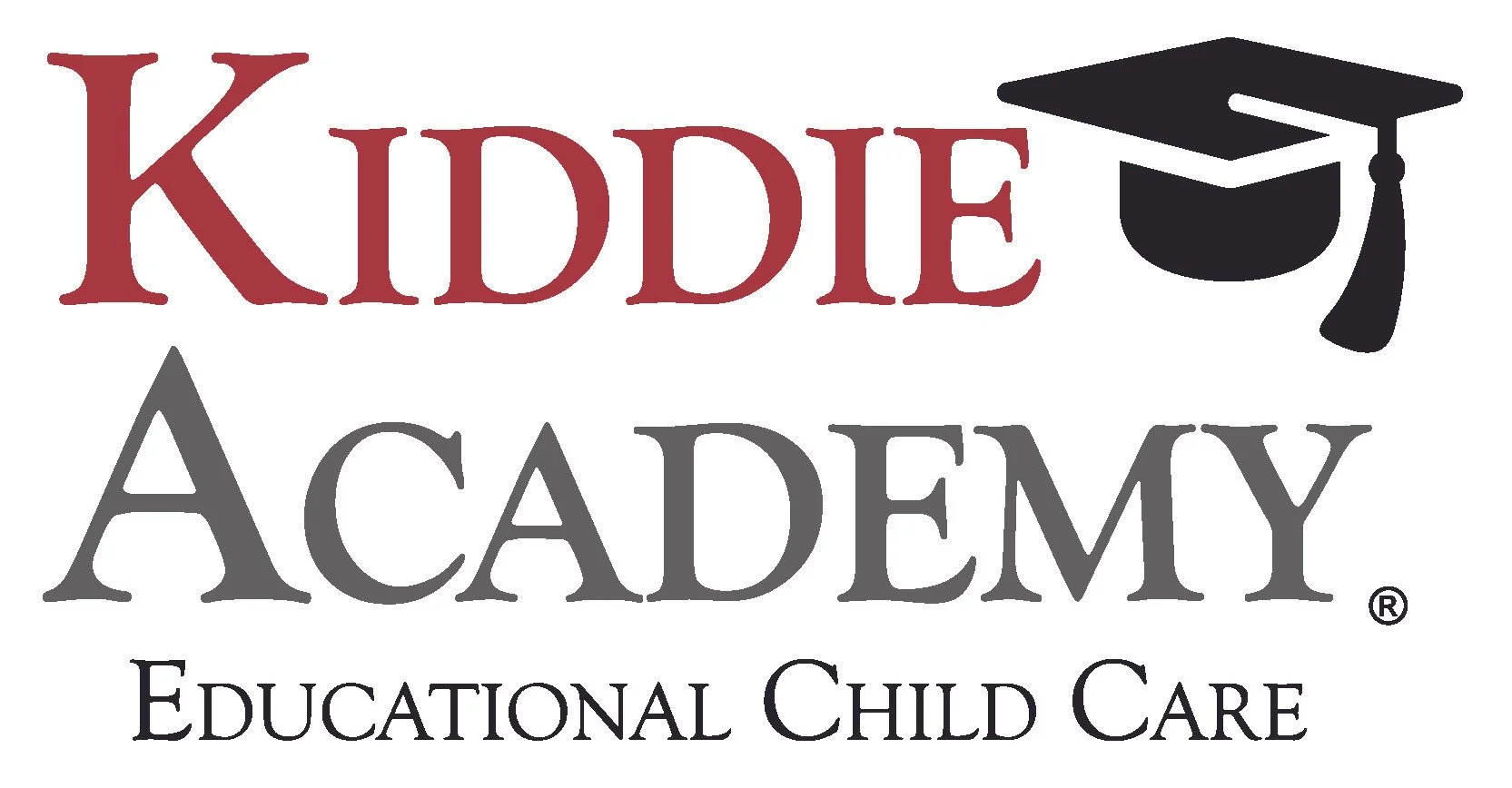 Kiddie Academy logo with the words 'Kiddie Academy' in large red and gray letters, a black graduation cap icon, and the phrase 'Educational Child Care' underneath.
