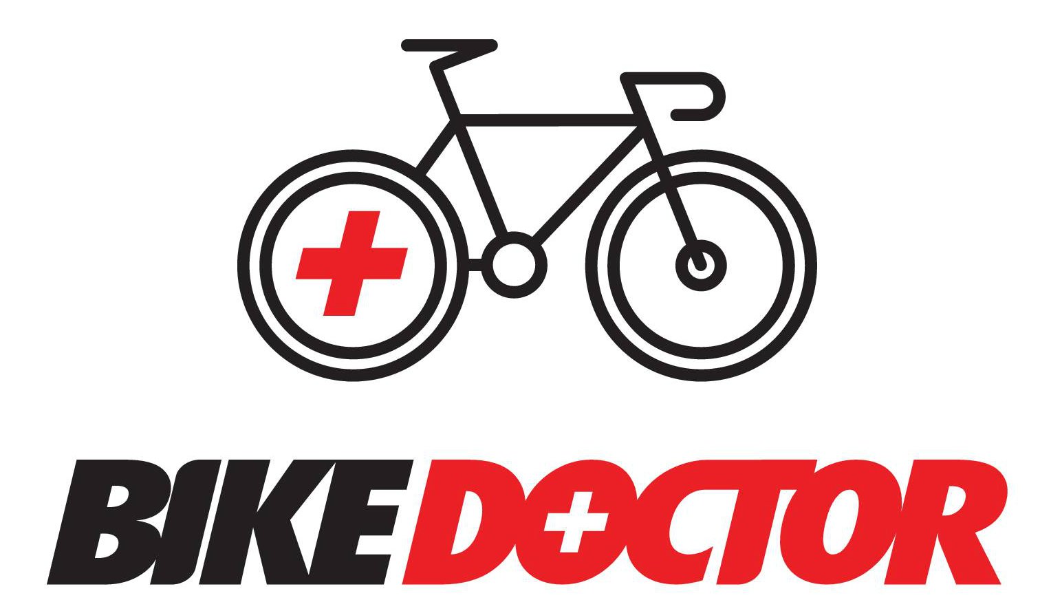 Logo of Bike Decor featuring a black bicycle with a red medical cross on the rear wheel, and the text 'BIKE D+CTOR' with 'BIKE' in black and 'D+CTOR' in red