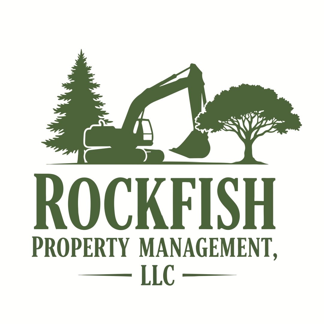 Logo for Rockfish Property Management, LLC featuring silhouettes of a pine tree, excavation equipment, and a deciduous tree in green.