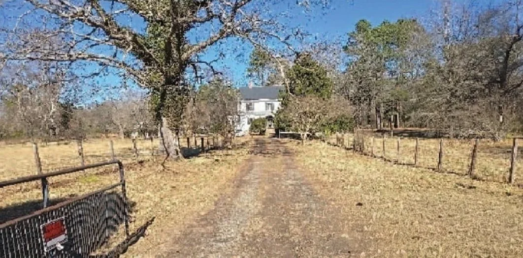 A mowed, driveway with debris removed