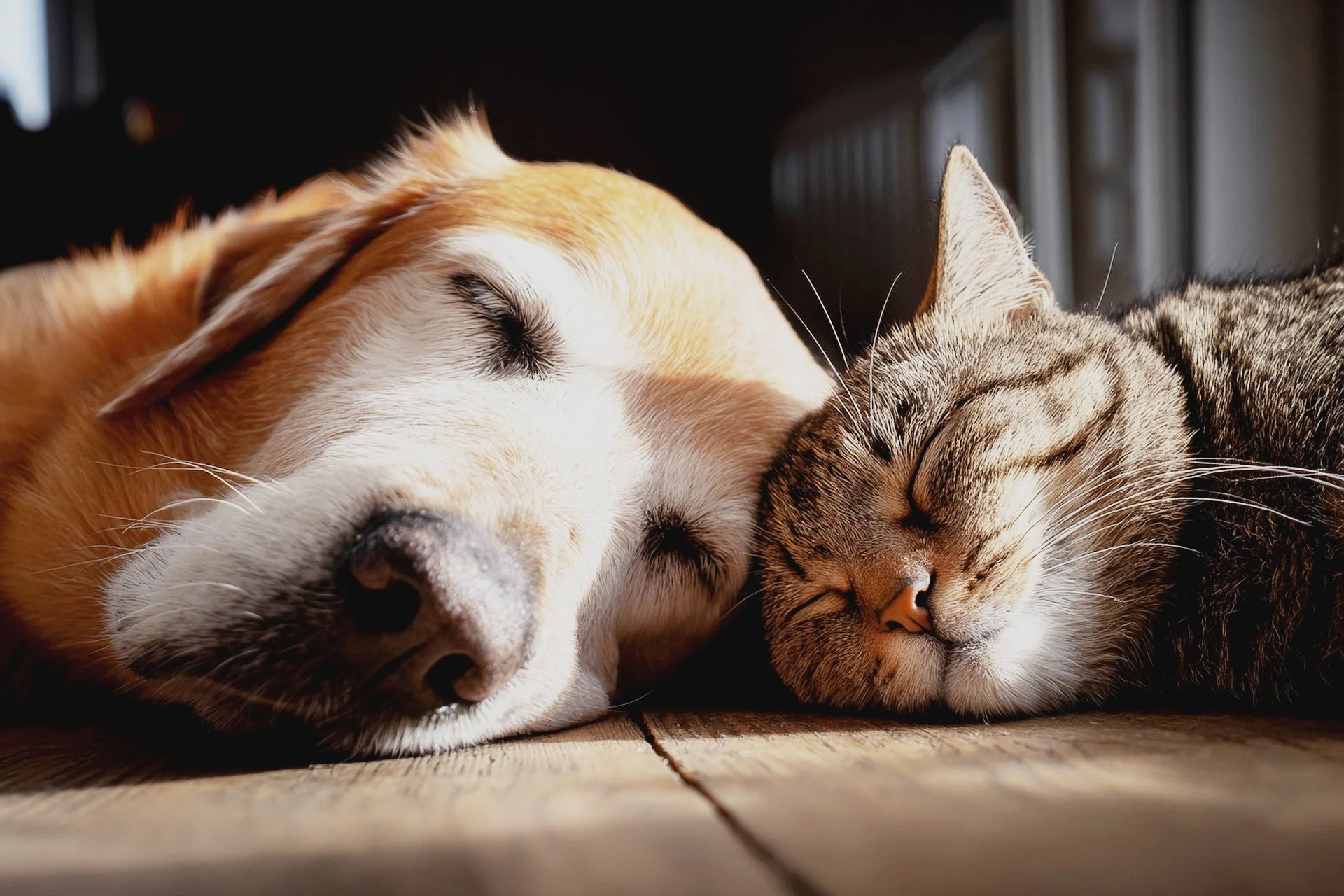 A dog and a cat sleeping peacefully side by side on a wooden floor, with sunlight casting a warm glow.