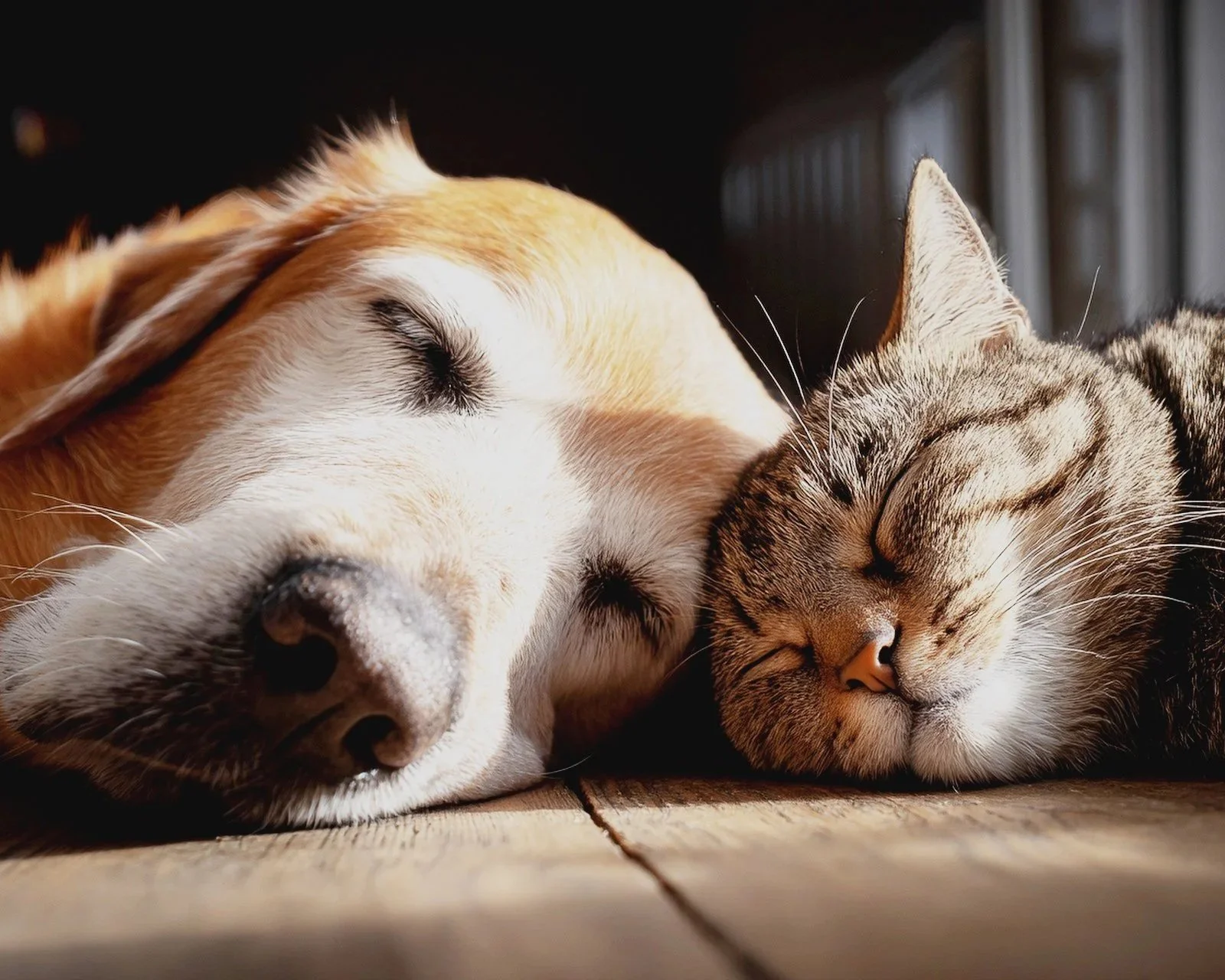 A dog and a cat sleeping closely together on a wooden floor.