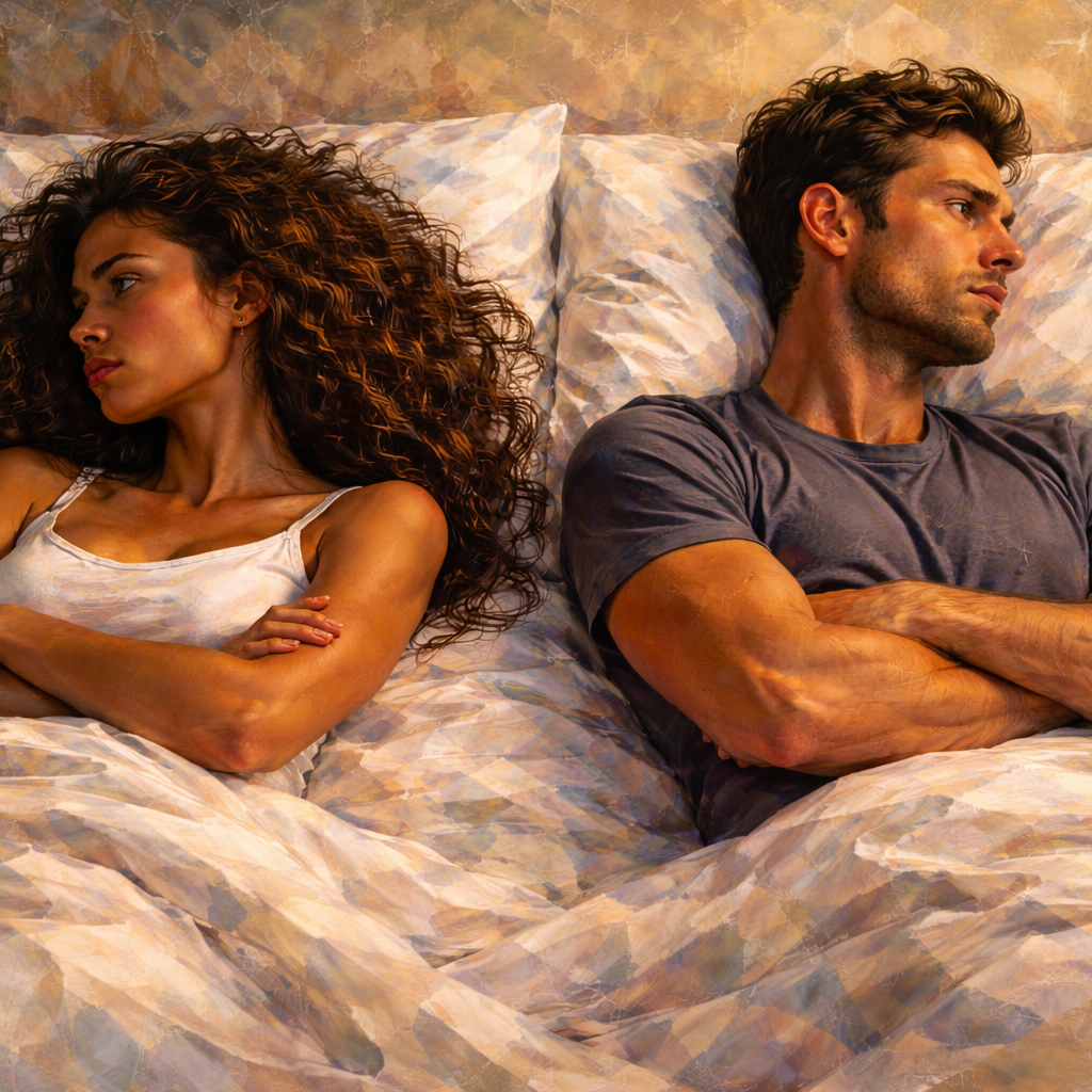 Woman and man lying in bed looking upset and facing away from each other.