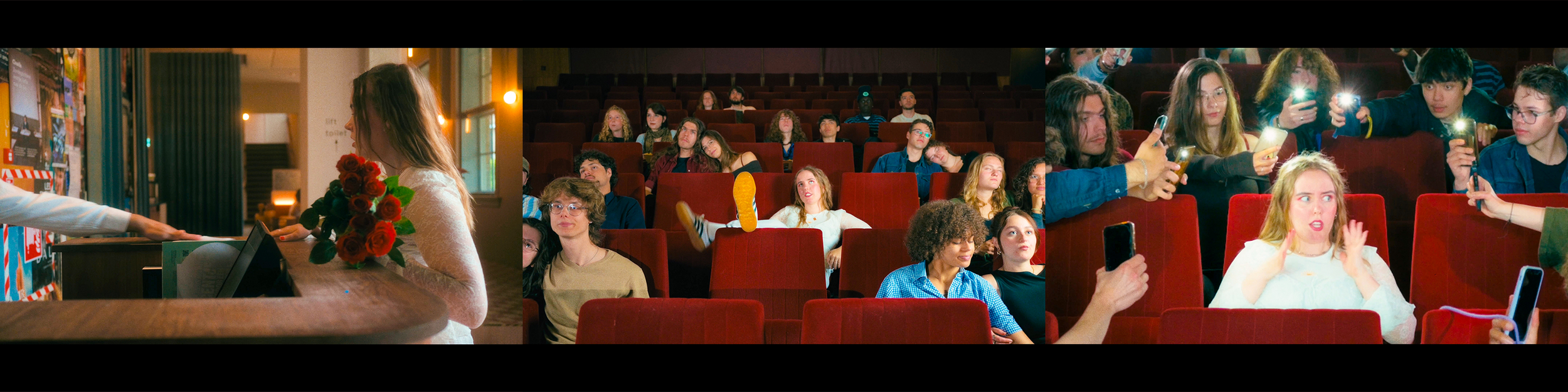 Sequence of three images: A woman at a reception desk with a bouquet of roses, an audience watching a performance in a theater, and a group of people taking photos with their phones, focusing on a young woman in white reacting to the scene.