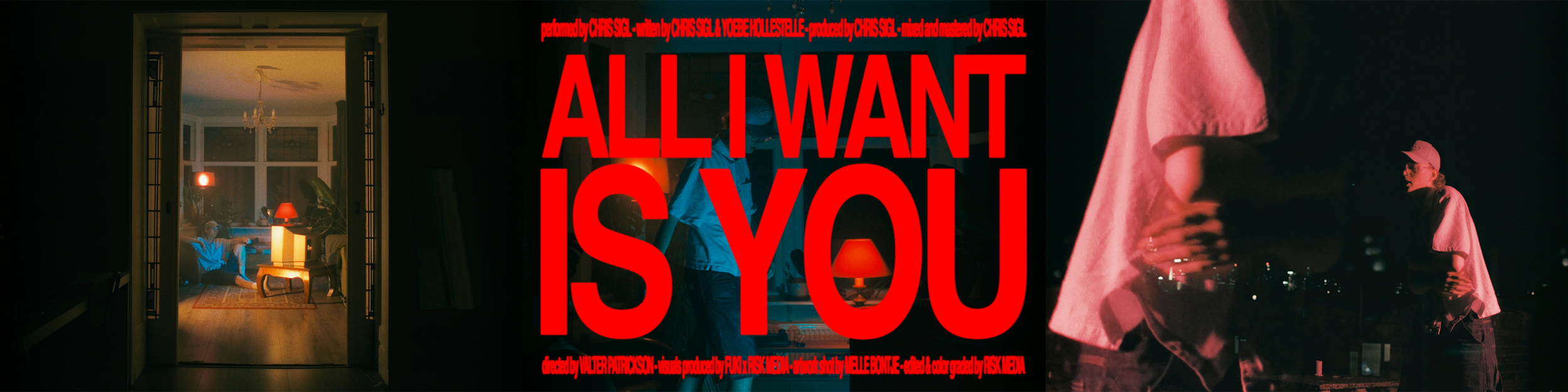 A poster with bold red text stating "ALL I WANT IS YOU" against a background of various scenes, including a person sitting in a living room at night, and another person standing outside at night.