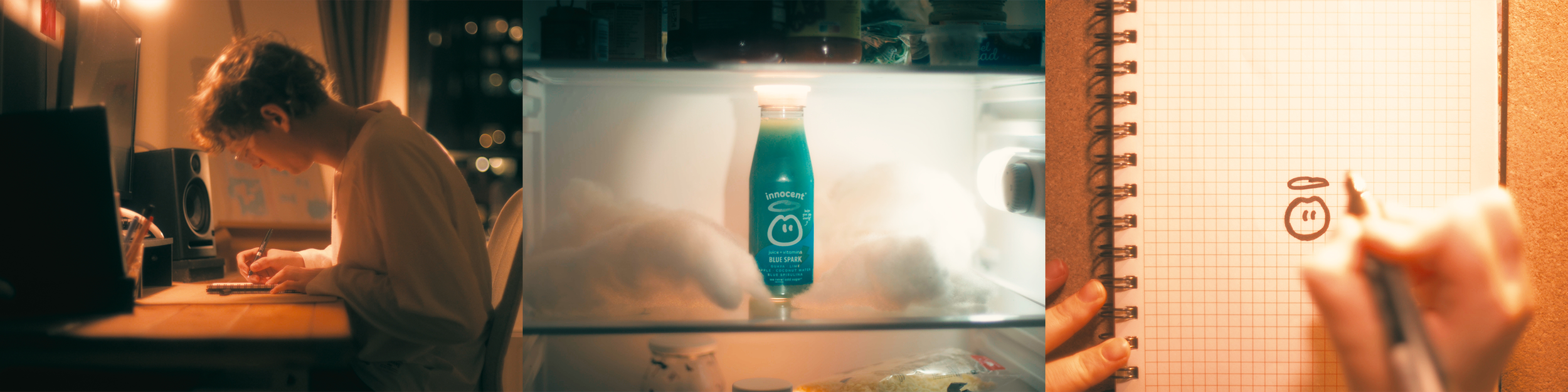 A person sitting at a desk writing, a refrigerator with a blue drink inside, and a hand drawing a smiley face on a notepad.
