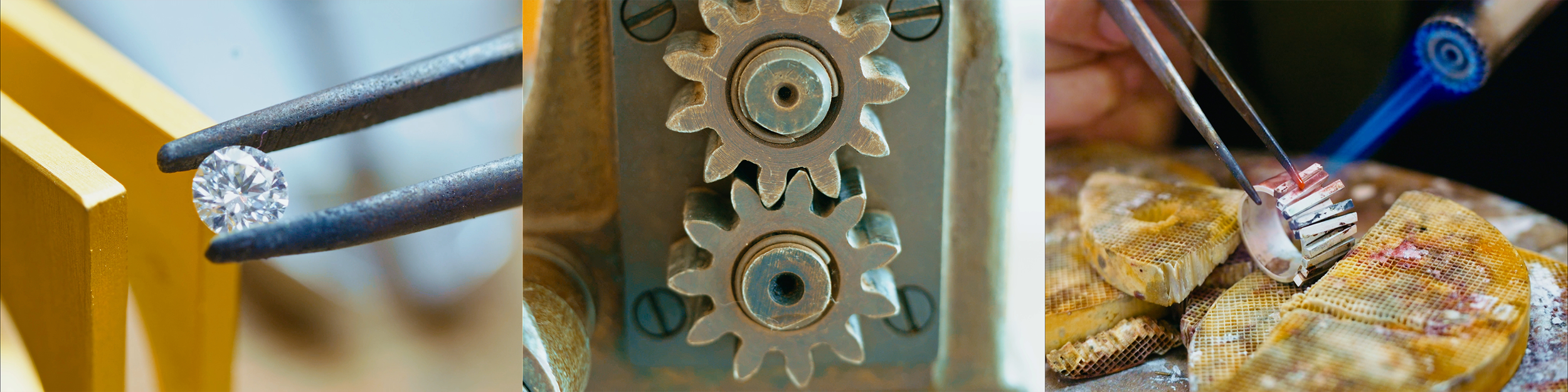 A collage of three images: a diamond being held by tweezers, gears in a mechanical device, and a jewelry craftsman working on a ring with tools.