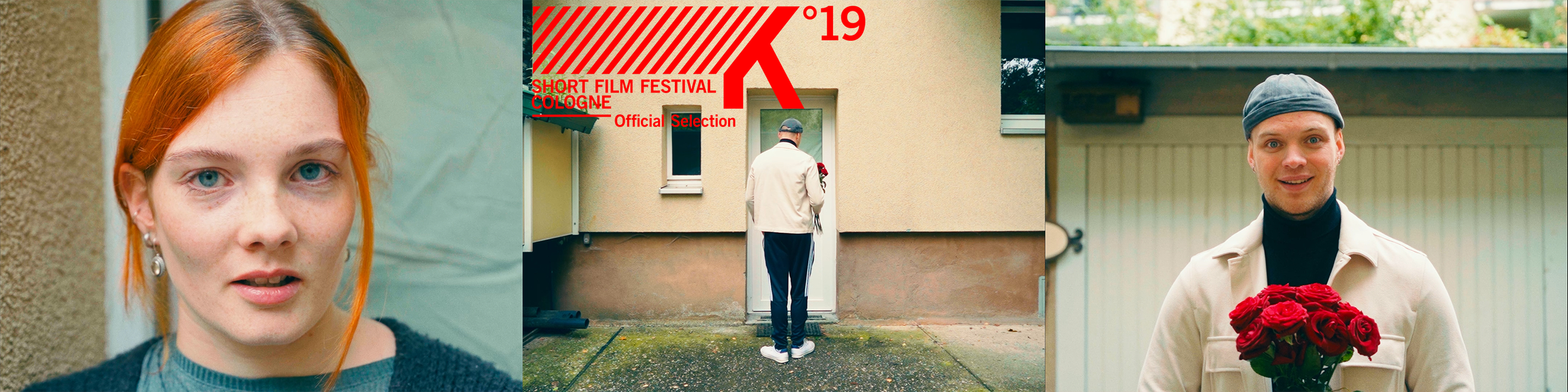 A collage of three images showing a woman with red hair and blue eyes, a person standing in front of a door holding a bouquet of red roses, and a man smiling and holding a bouquet of red roses.