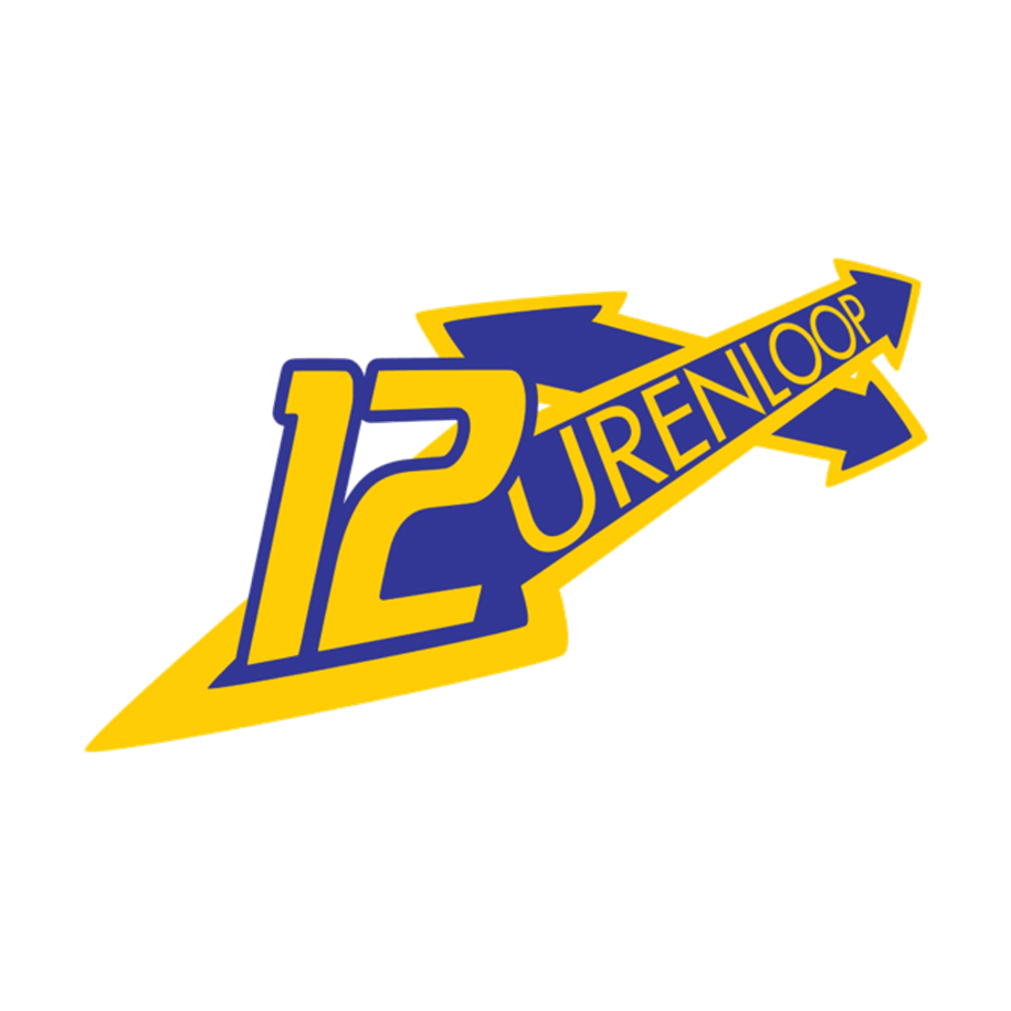 Logo van 12 Urenloop met een gele pijl en blauwe tekst op een zwarte achtergrond.