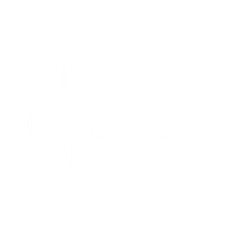 Logo van Universiteit Gent met witte tekst en een illustratie van een gebouw op een zwarte achtergrond.