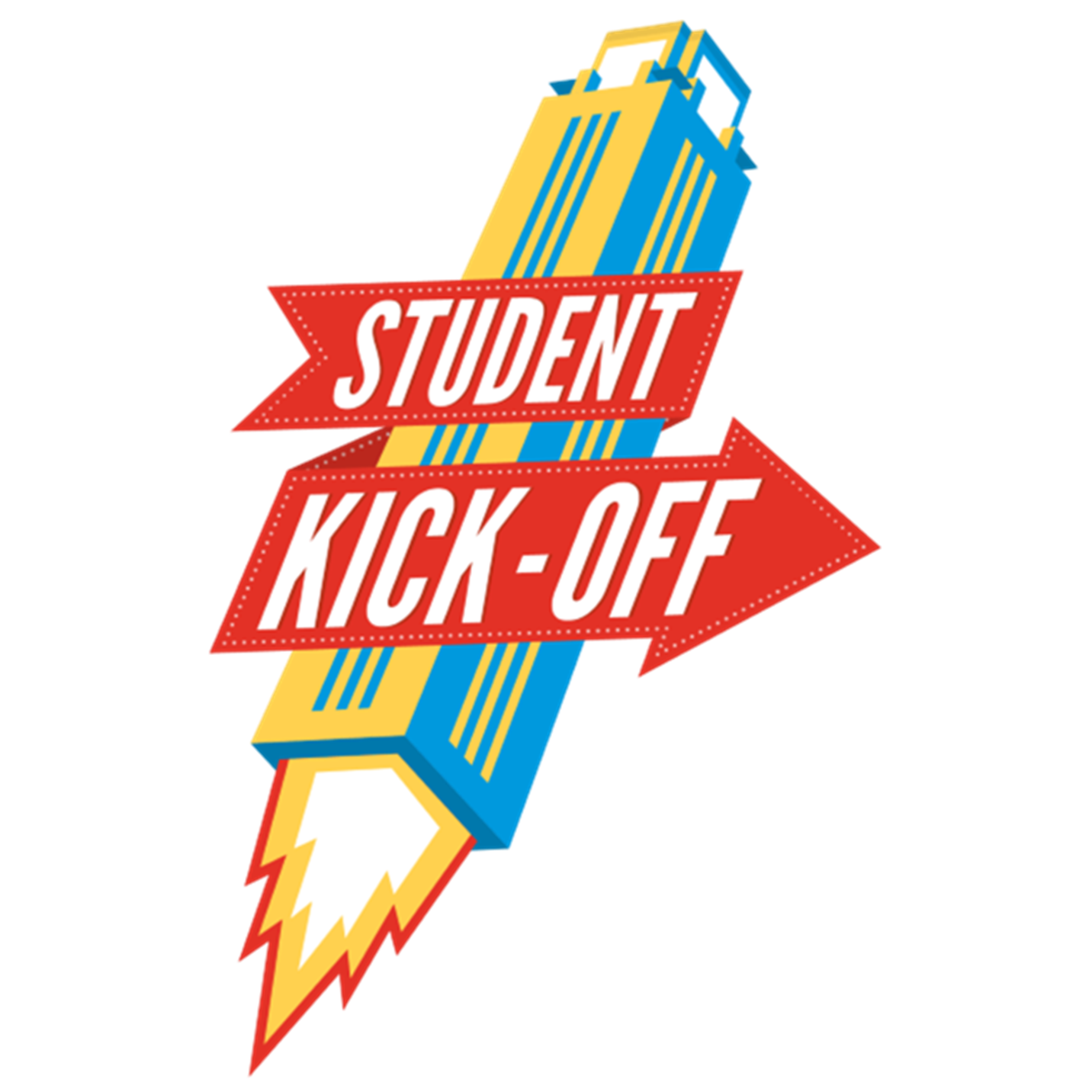 Een kleurrijk logo met een raket en de tekst 'Student Kick-Off' in rode banners.