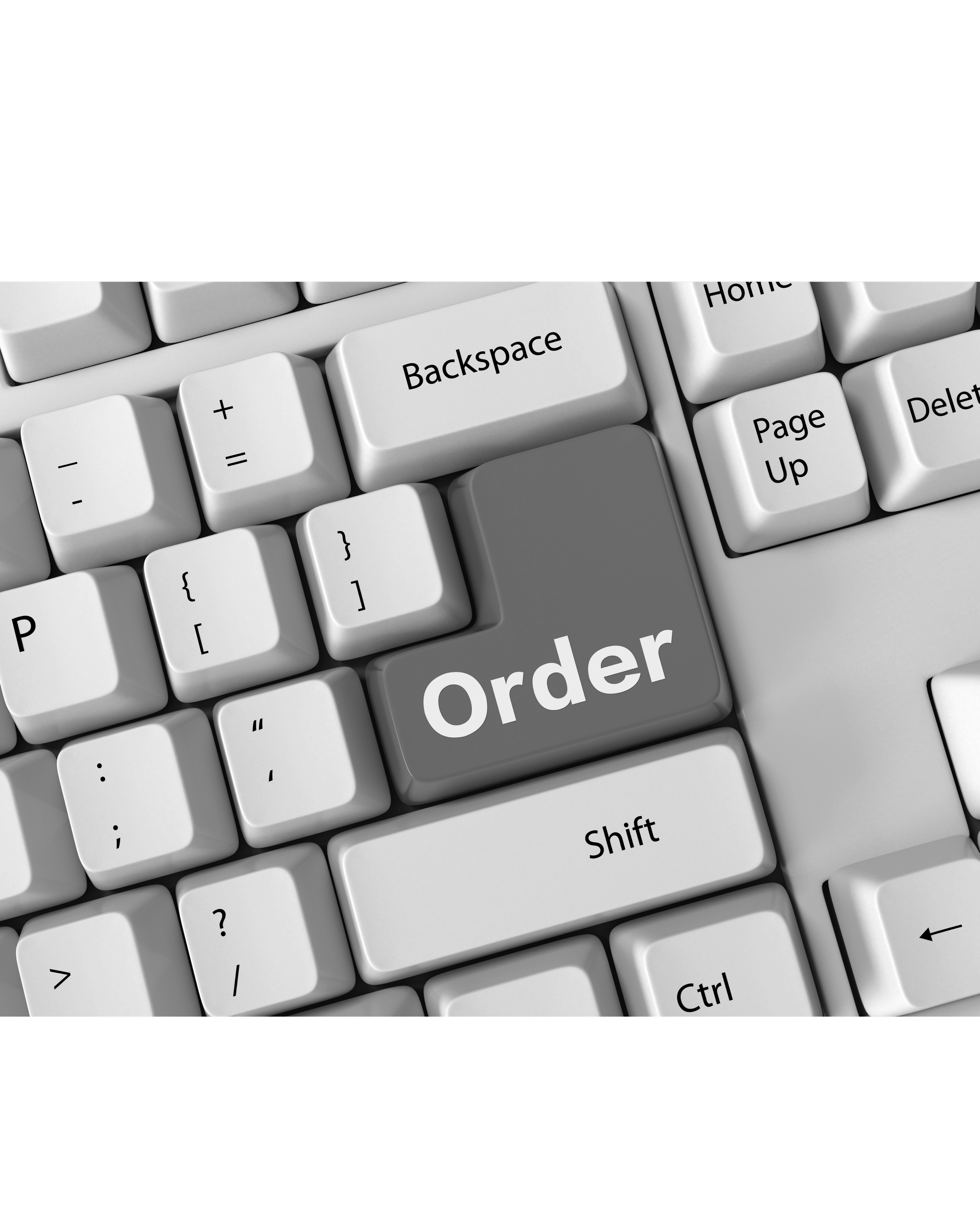 Close-up of a computer keyboard with a gray 'Order' key among white keys.