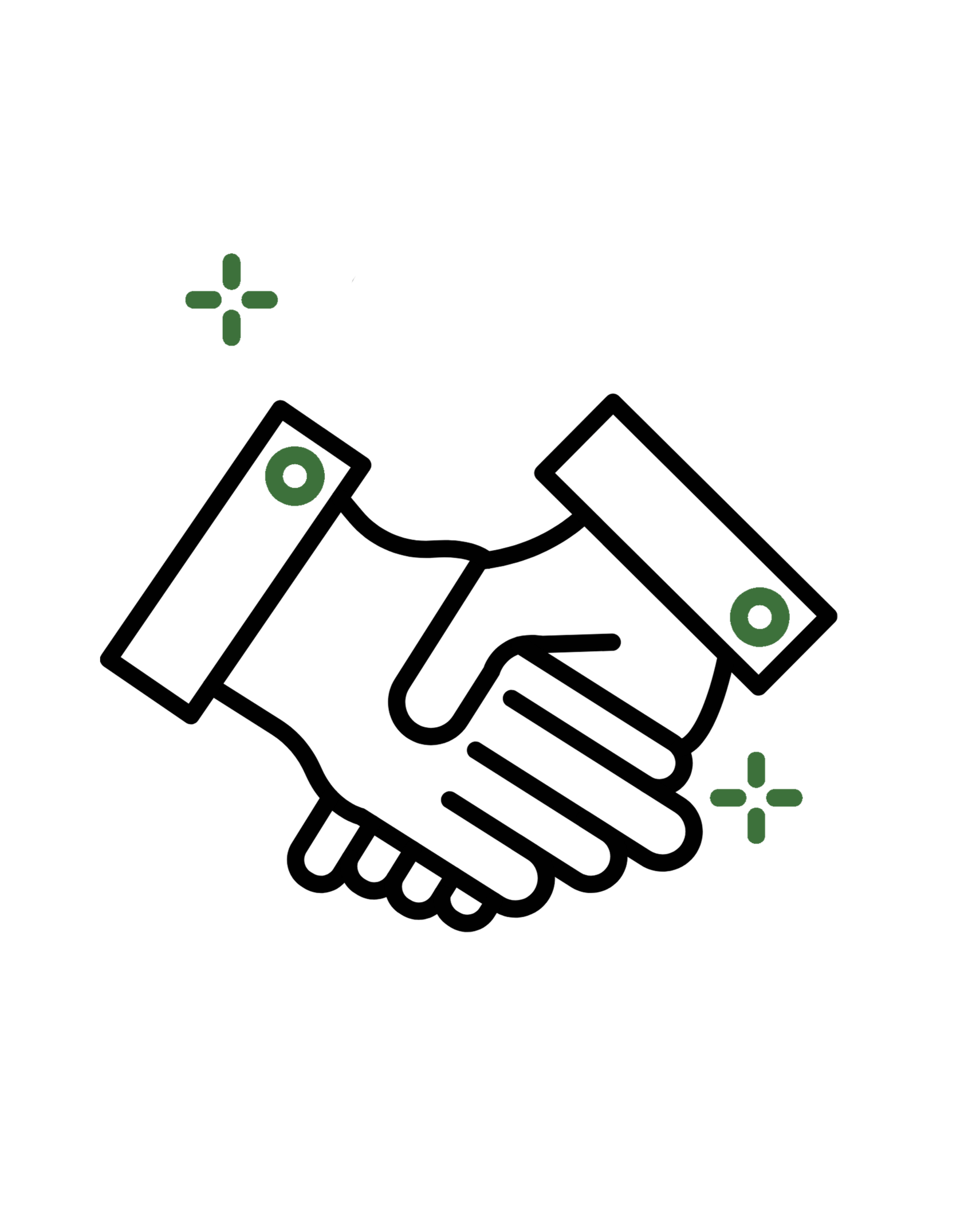 Illustration of a handshake with abstract symbols and plus signs surrounding it.