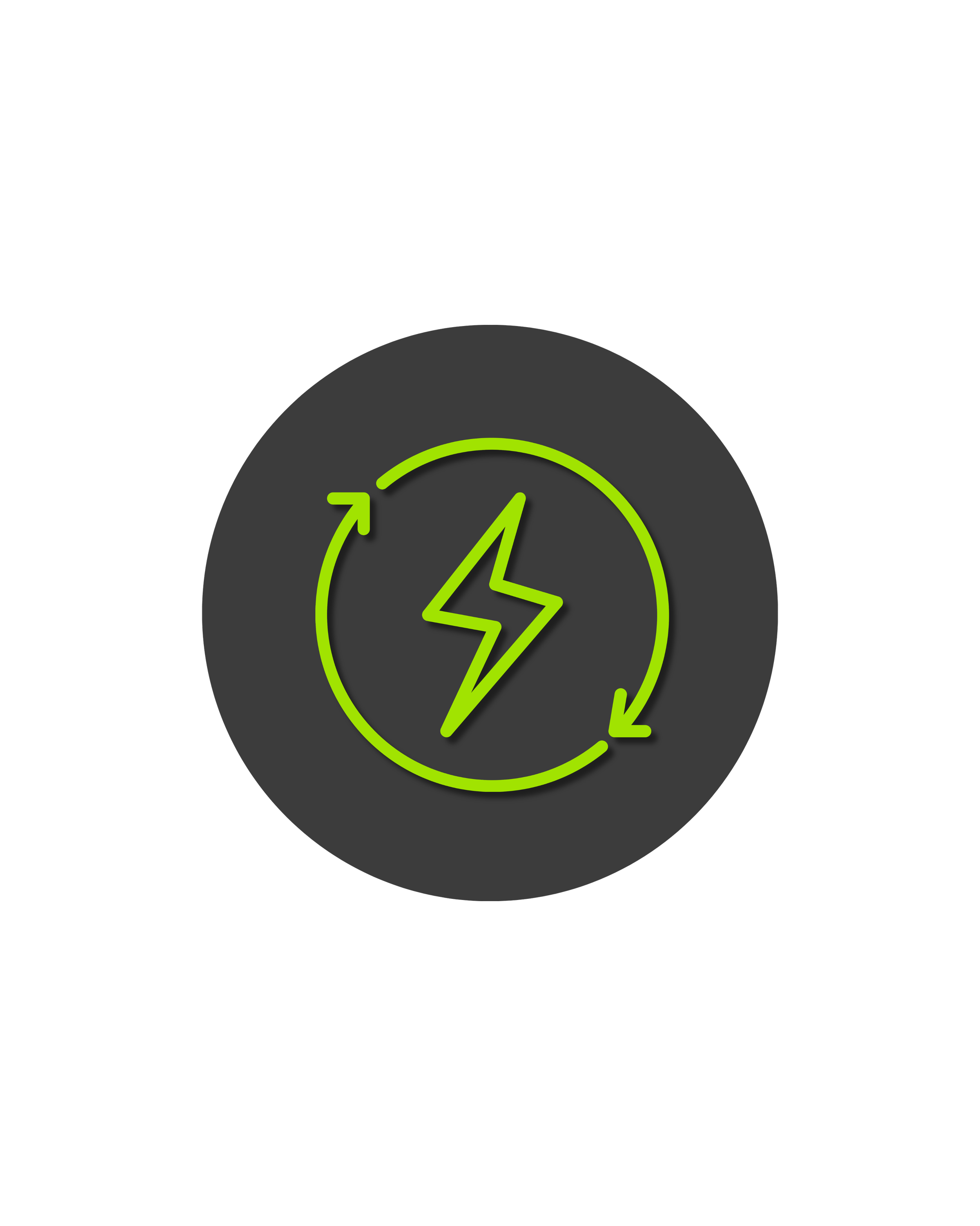 A black circular icon with a neon green outline of a lightning bolt in the center, surrounded by a neon green circular arrow indicating energy recharge or power.