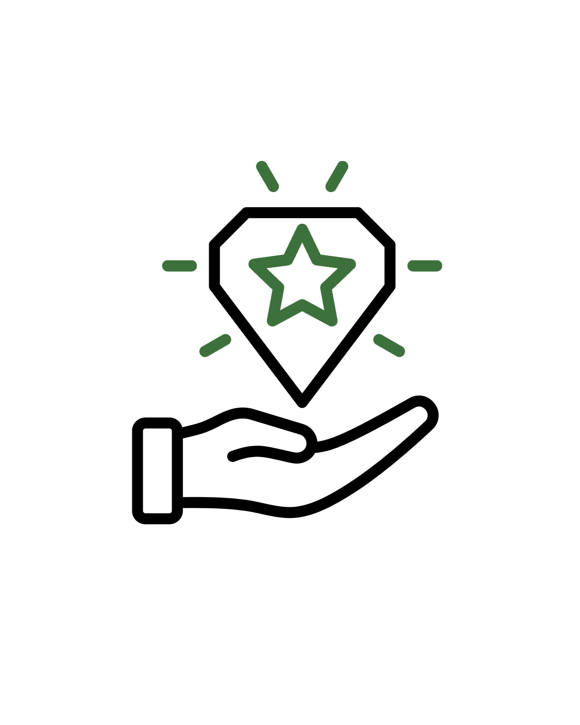 Star sticker with a black background and green outline, surrounded by green dashes.