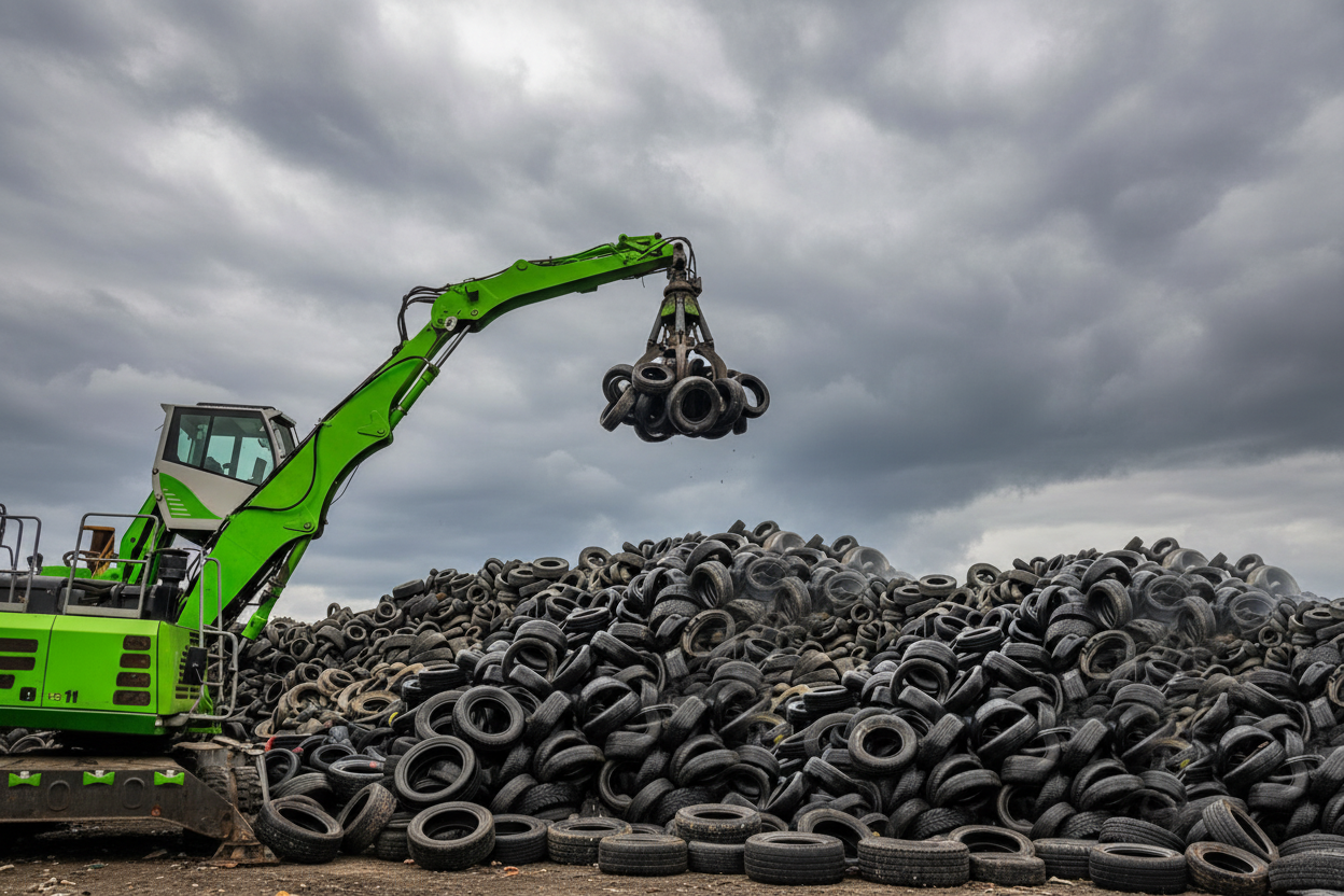 A green excavator with a claw attachment lifting a pile of tires in an overcast outdoor setting.
