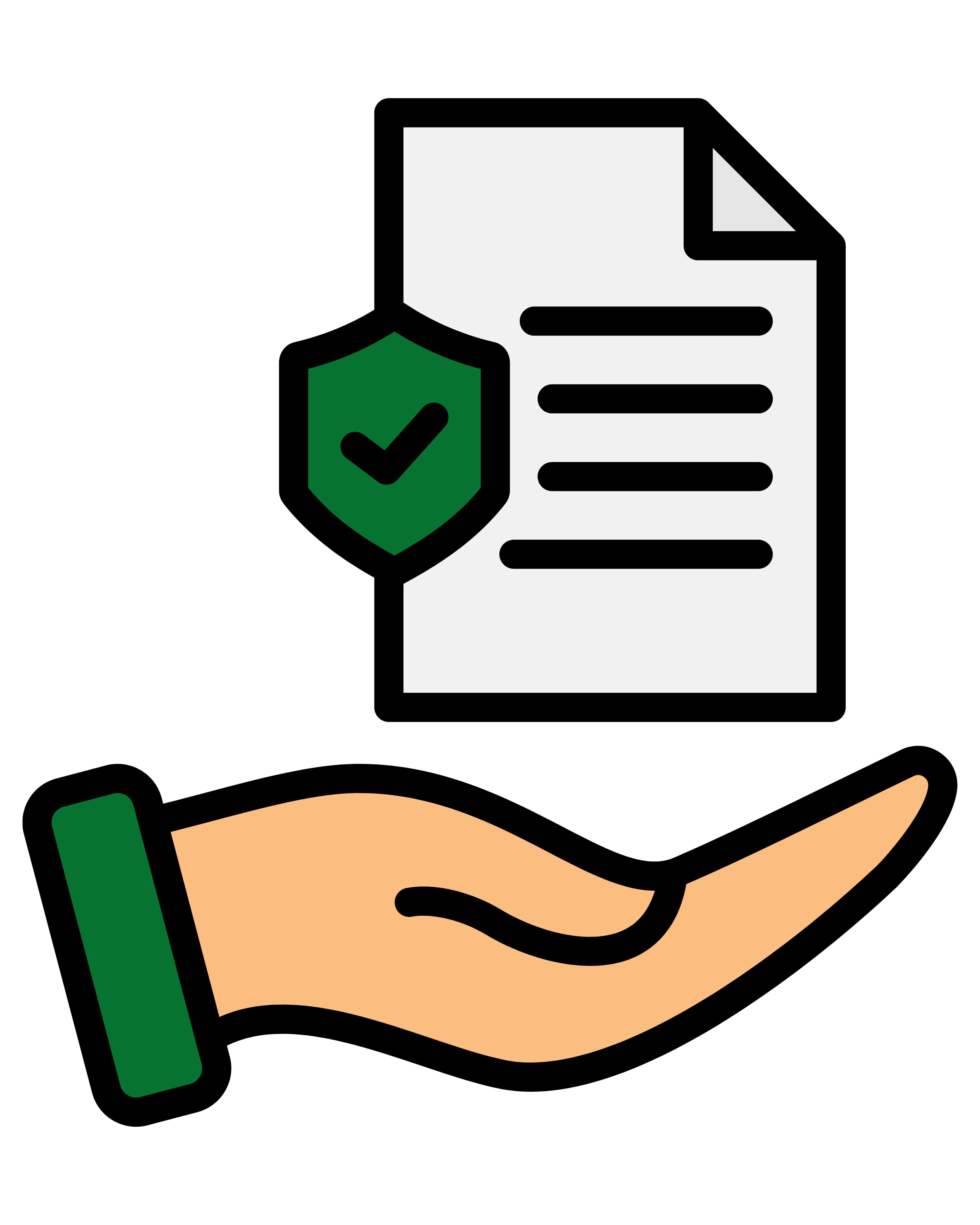Hand holding a document with a shield and checkmark symbol.