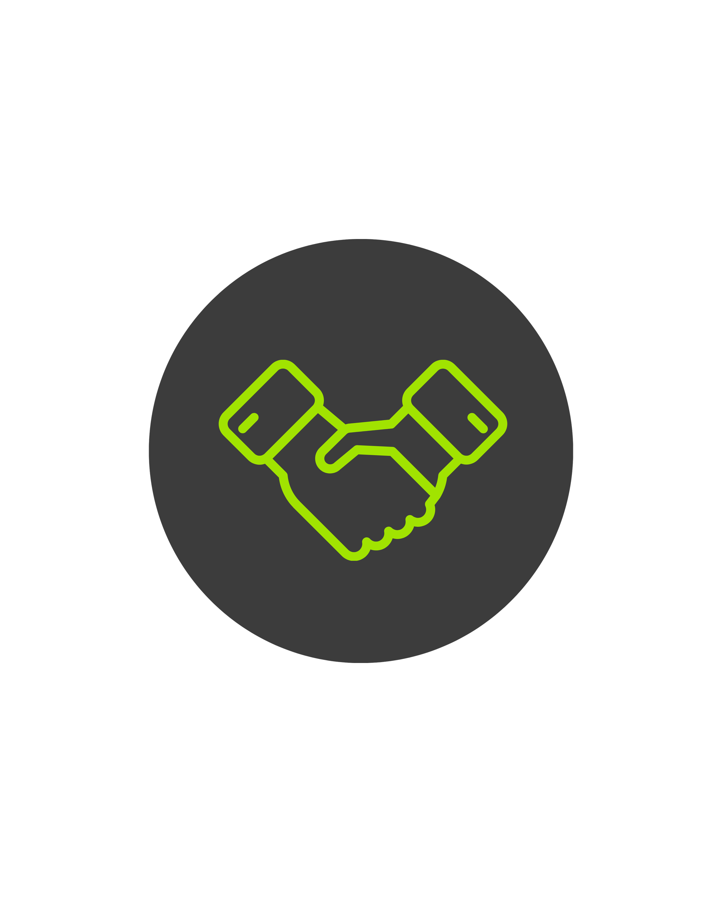 Neon outline of a handshake icon in green within a dark grey circle, on a black background.