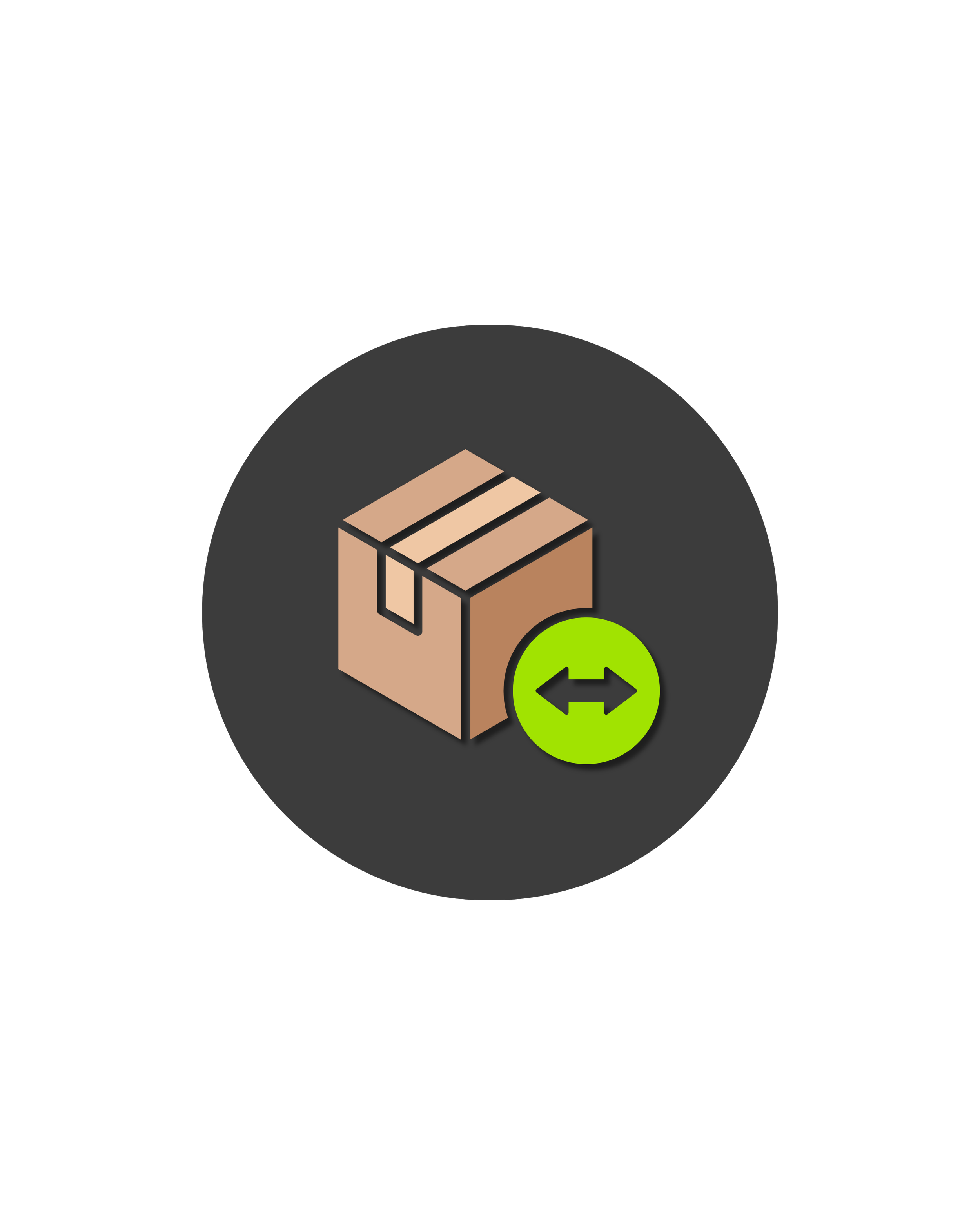 A packaging icon with a cardboard box and a green arrows symbol indicating move or transfer.