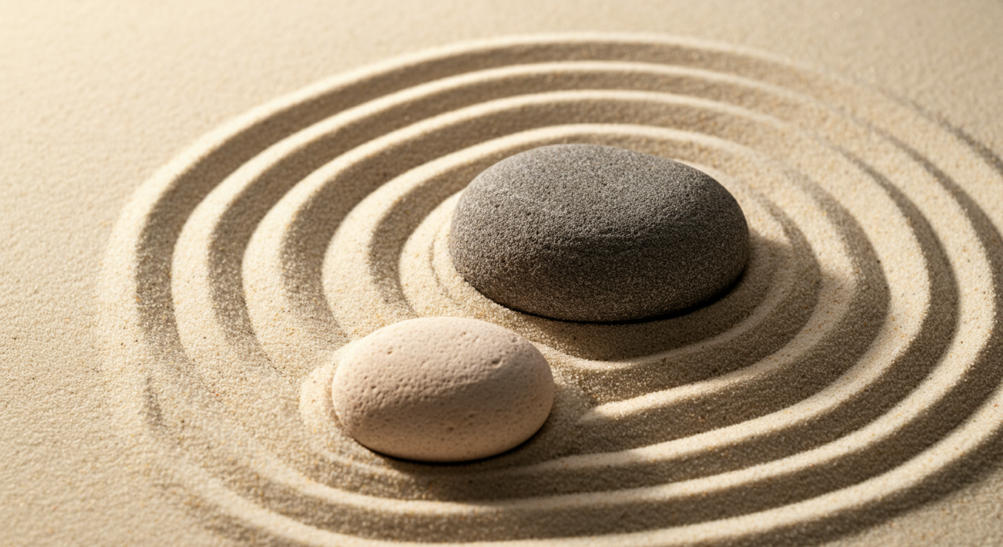 Two stones on sand, with concentric circles around them, creating a Zen garden or meditation setting.