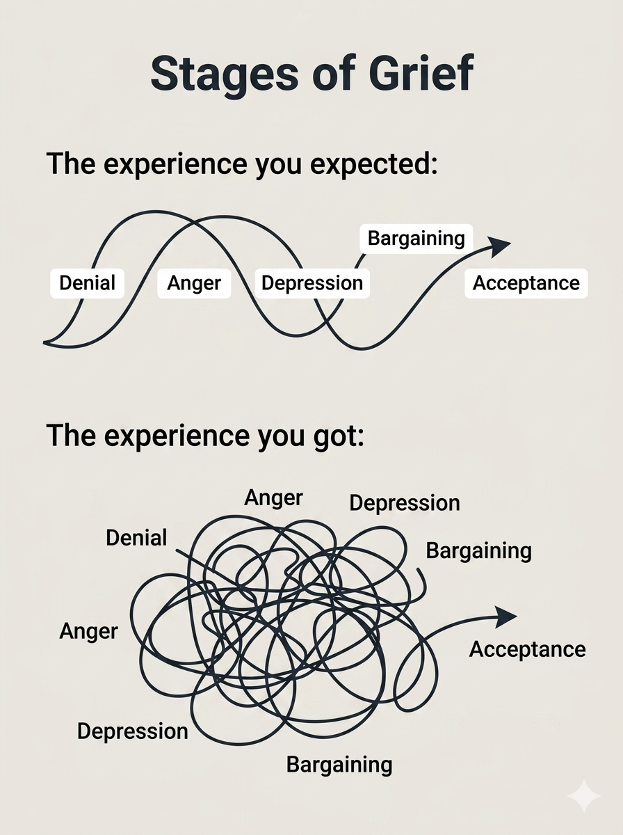 Diagram comparing expected versus actual experience of grief stages, showing a smooth progression through denial, anger, depression, bargaining, and acceptance in the expected experience, versus a tangled, complex pattern in the actual experience.