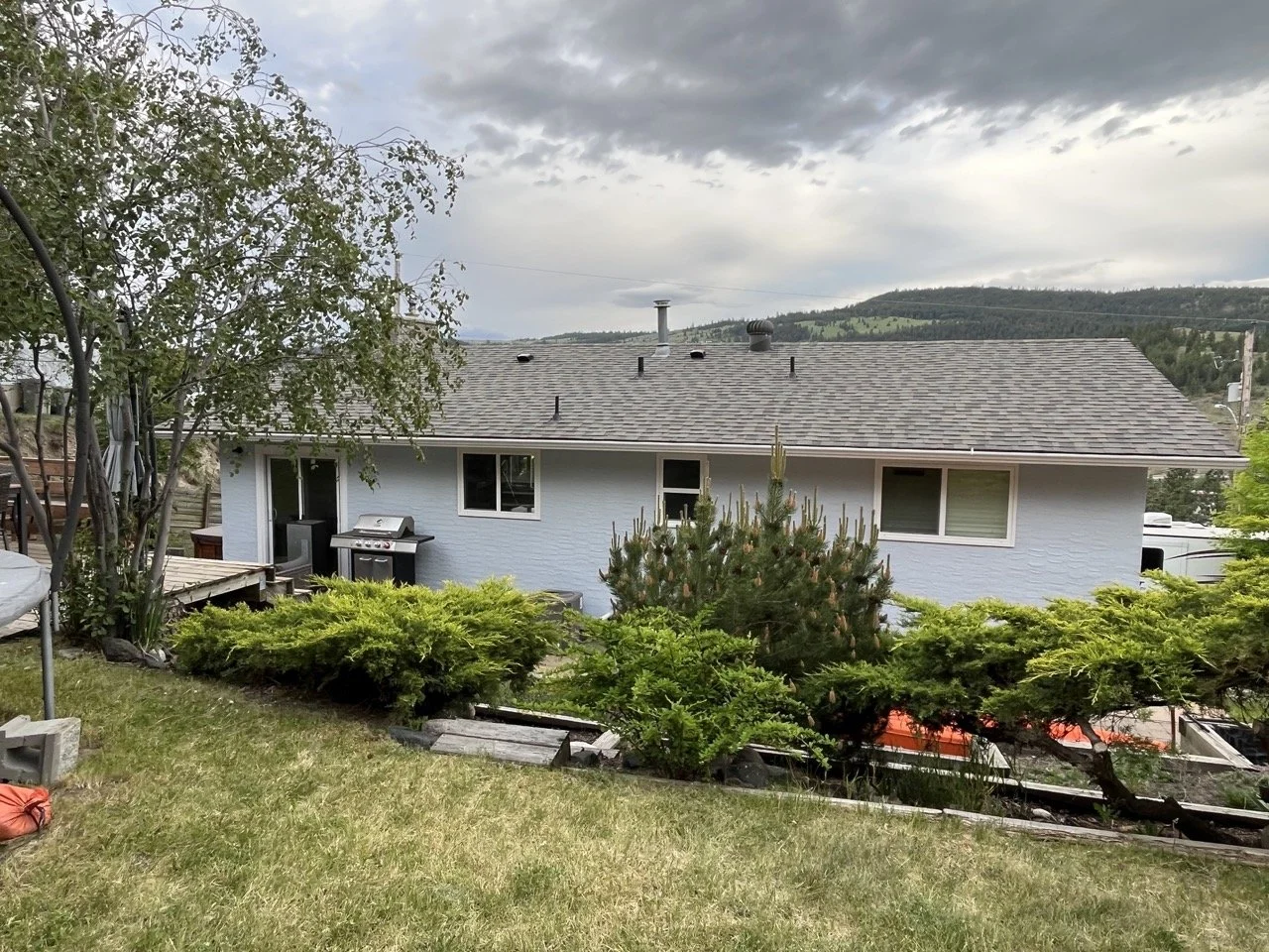 A backyard with a lawn, shrubs, and trees facing a house with a grey roof and blue exterior walls, overlooking a hilly landscape under cloudy sky.