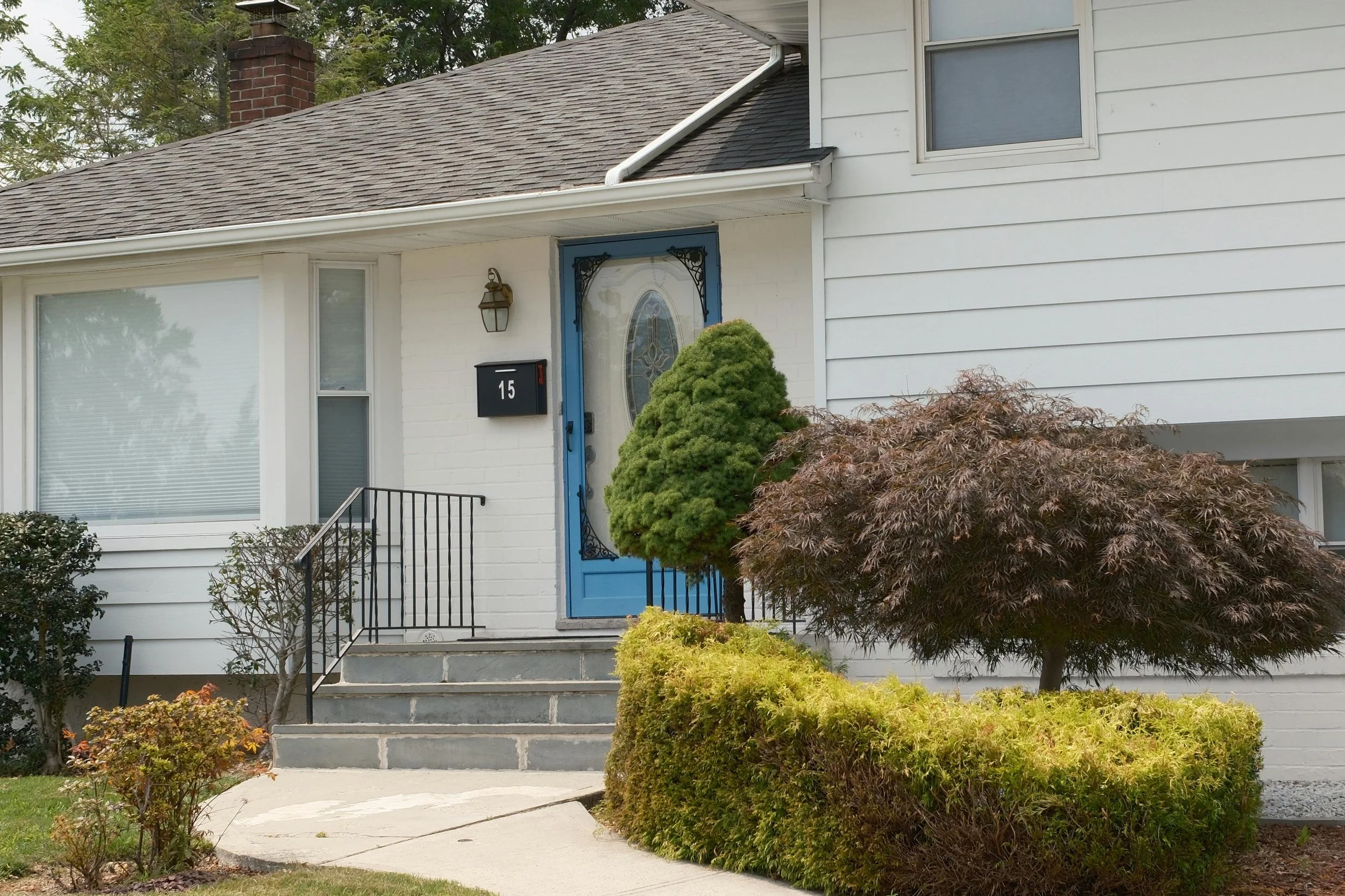 Front yard of a house with stairs leading to a blue front door, bushes, and a small tree.