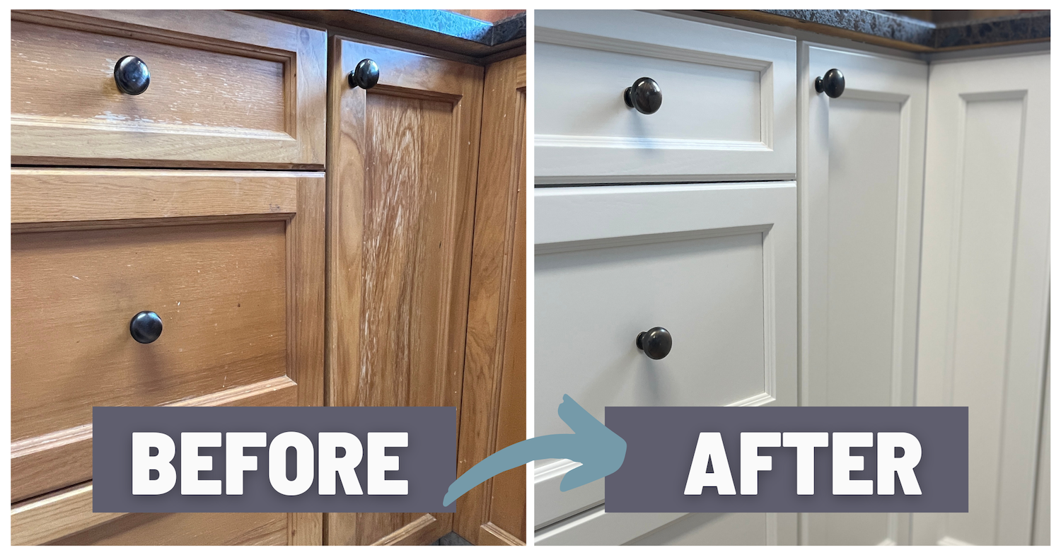 Side-by-side comparison of kitchen cabinets before and after refinishing. The 'before' shows natural wood cabinets with visible scratches and wear. The 'after' displays the same cabinets painted white with a smooth finish and updated black knobs.