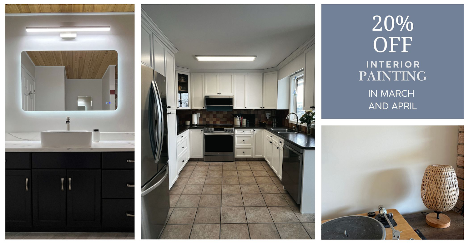 A collage of four images featuring interior spaces. The first image shows a modern bathroom with a large backlit mirror, a white sink, and black cabinetry below. The second image depicts a kitchen with white cabinets, black countertops, a stainless steel refrigerator, and tiled flooring. The third image is a promotional graphic offering 20% off interior painting in March and April. The fourth image displays a cozy corner with a wooden table, a turntable, and a decorative wicker lamp.