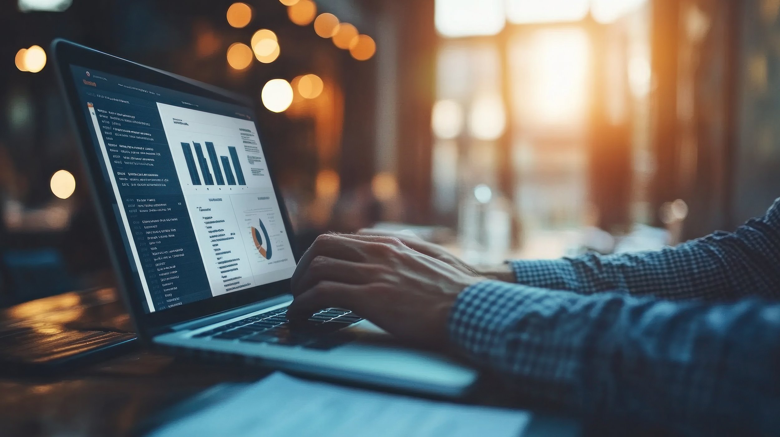 Person working on a laptop showing charts and graphs, with warm sunlight in the background.