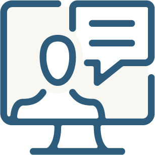 Icon of a person on a computer screen with a speech bubble indicating communication or messaging.